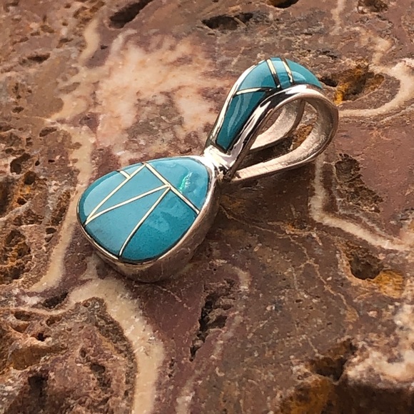 Zuni Inlaid Drop Turquoise Silver Pendant - Picture 7 of 8